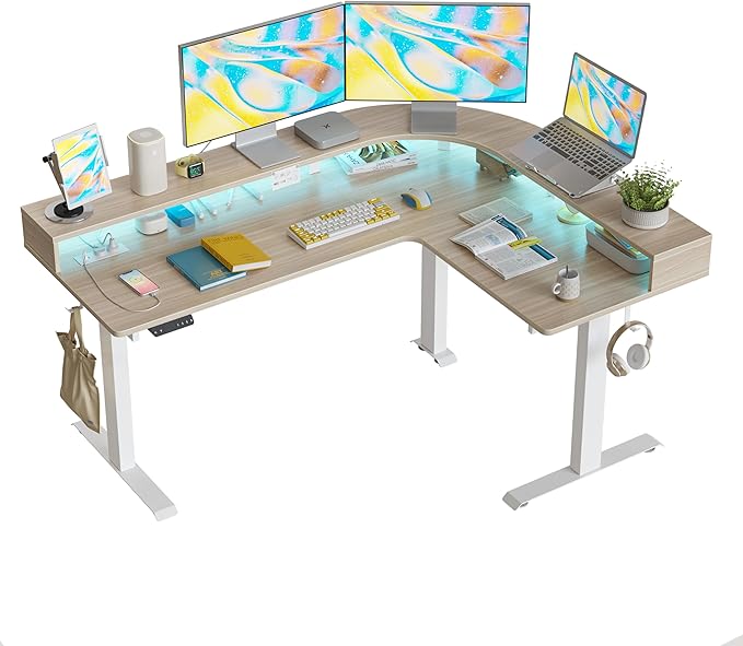 FEZIBO 63x49 L Shaped Standing Desk with Arc LED &amp Power Outlet Electric Height Adjustable L Shaped Computer Desk with Monitor Stand for Gaming Office Light Walnut