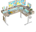 FEZIBO 63x49 L Shaped Standing Desk with Arc LED &amp Power Outlet Electric Height Adjustable L Shaped Computer Desk with Monitor Stand for Gaming Office Light Walnut