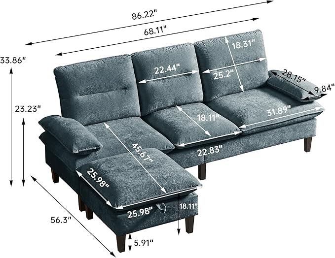 86'' Chenille Sofa with Storage Ottoman Modern Living Room Sofa with Removable Washable Cushion 3 Seater Comfy Couch for Apartment Bedroom Office (Dark Grey)