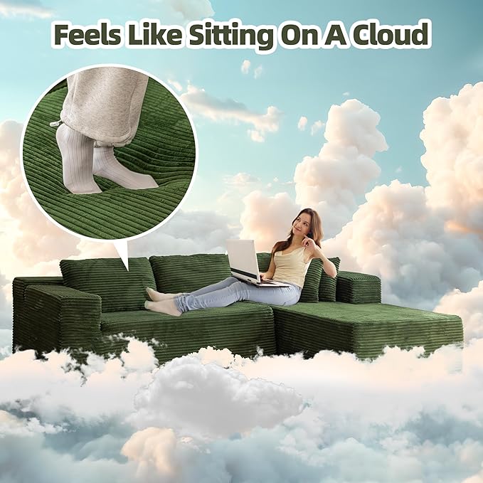 HOMREST 106 Modular Cloud Sectional Sofa with Deep Seats &amp Chaise No-Assembly L-Shape Couch for Living Room Plush Corduroy Fabric Green Oversized Comfortable Seating