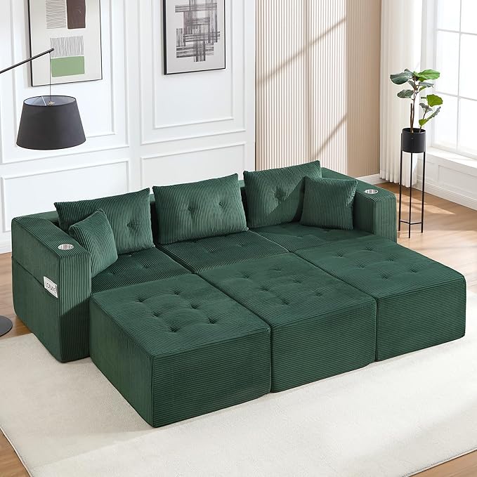 100 Modular Sectional Sofa Bed Oversized 6-Seater Boneless Tufted Cloud Sleeper Couch with Cup Holder and Movable Ottoman Corduroy Upholstery Couches for Living Room No Assembly Green