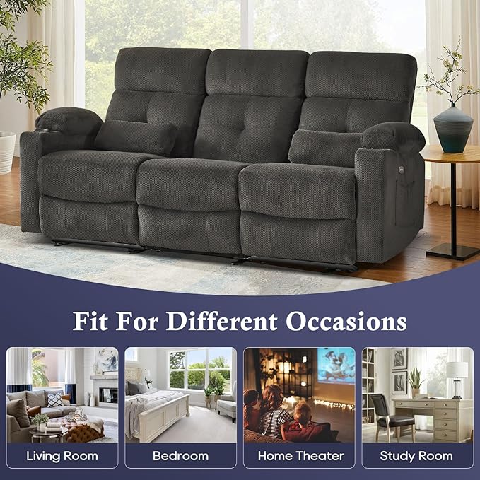 80'' Power Reclining Sofa with Heat and Massage Electric Reclining Couch with Extended Footrest Wall Hugger 3-Seater Recliner Sofa with USB Ports Cup Holders for Living Room