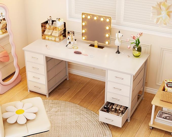 ODK 55 Inch Computer Desk with 8 Fabric Drawers Modern Office Desk with Large Storage for Home Office Study Gaming White