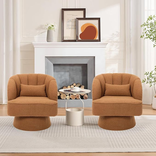 Swivel Accent Chair with Armrest Modern 360 Degree Swivel Round Lounge Chair with Curve Back and Cushion Comfy Upholstered Armchair Single Sofa for Living Room Bedroom Reading Room Brown 2PCS