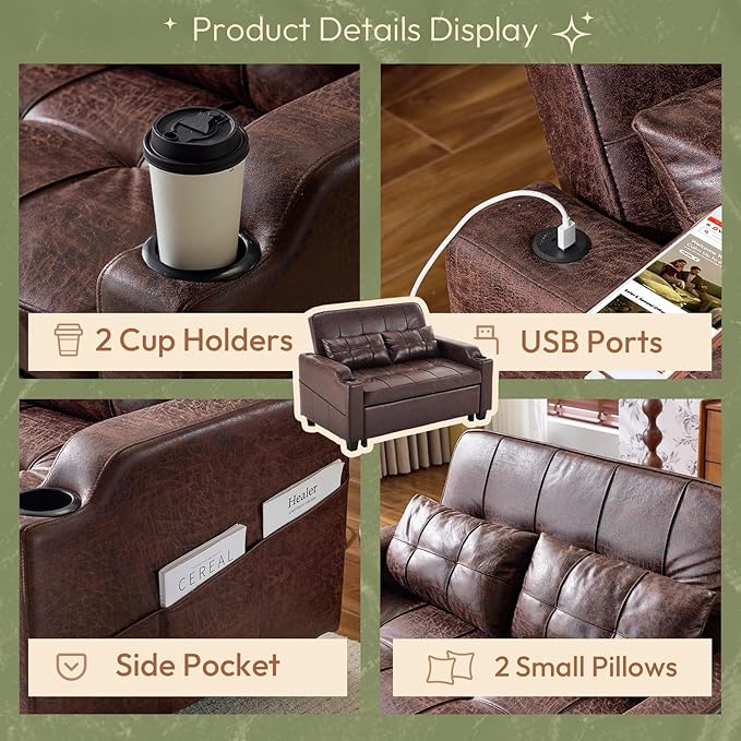 VINGLI Rustic Futon Sofa Bed Convertible Loveseat Sleeper Sofa Couch Pullout Sofa Fold Out Couch Bed with USB Ports Cup Holders Armrest for Living Room Bedroom Apartment Room | Loveseat Sleeper