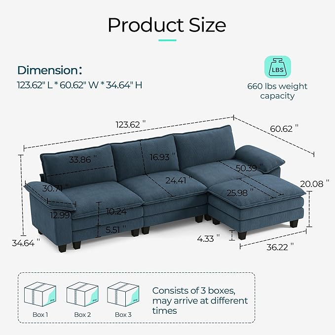 LINSY HOME 123'' Modular Sectional Sofa Blue Couch Corduroy Cloud Couches for Living Room L Shaped Couch with Movable Ottoman Modern Cloud Sectional Sofas for Bedroom and Apartment Blue