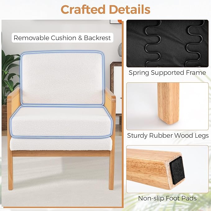 Giantex Mid Century Modern Accent Chair Boho Boucle Living Room Arm Chair w/Rattan Arms Wooden Frame Thick Cushion Pillow Sherpa Reading Side Chair for Bedroom Balcony Natural+Beige