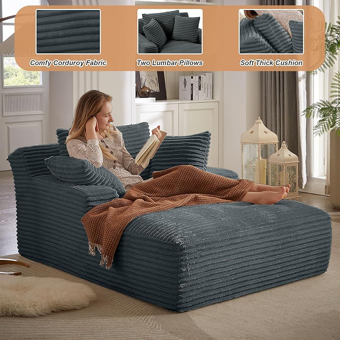 49.2Oversized Chaise Lounge Chair IndoorCorduroy Boneless Reading Chair with 3 PillowsDeep Seat Cloud Sofa BedComfy Modern Sleeper Chairs in Box for Living Room BedroomNo Assembly(Dark Grey)