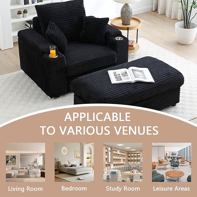 43.3”W Oversized Accent Chair with Ottoman &amp Storage Modern Corduroy Reading Chair with Cup Holder &amp Pillow Comfy Upholstered Deep Seat Armchair for Living Room Bedroom (Black)