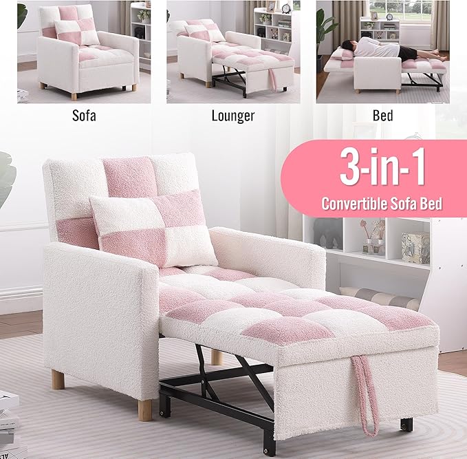 Sleeper Sofa Bed 3-in-1 Convertible Chair Bed Multi-Functional Sleeper Chair Soft Teddy Fabric for Living Room Apartment Office (White&ampPink)