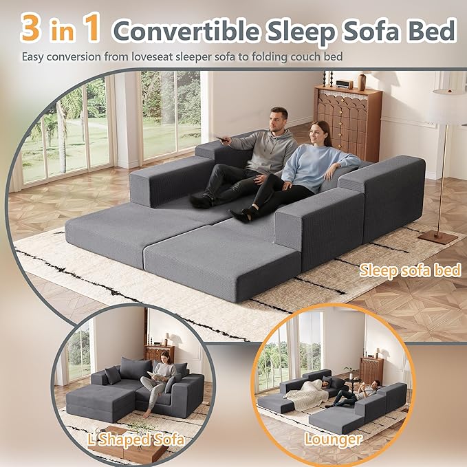 Modern Small Boneless Couch Convertible Modular Sectional Sleeper Sofa Bed Corduroy Memory Foam Cozy Modular Cloud Couch L-Shaped Cloud Sofa for Living Room No Assembly Grey