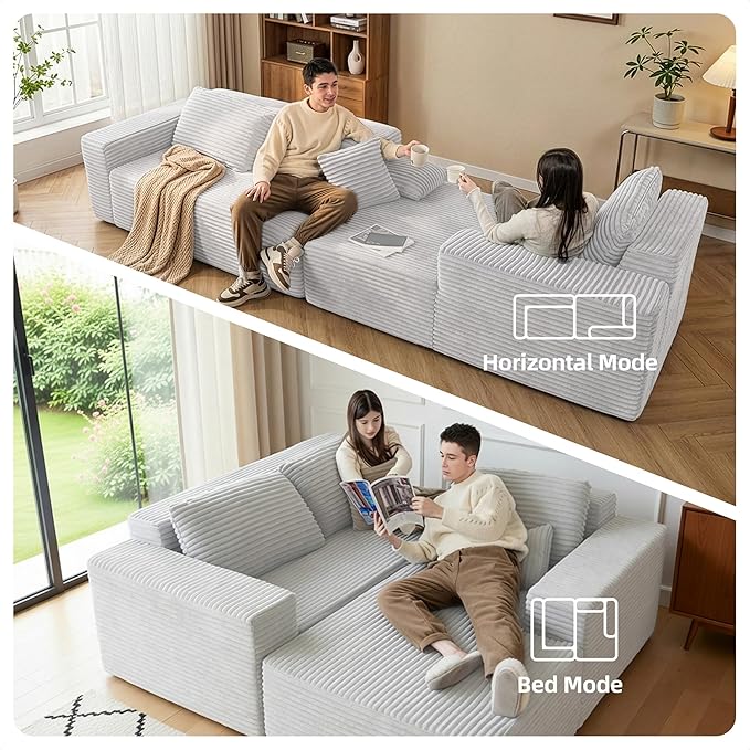 Claiks 95 Boneless Couch Cloud Couch Sectional L-Shape Corduroy Modular Sectional Sofa Deep Seat Upholstered Couches for Living Room No Assembly Required Light Gray Right Facing Chaise
