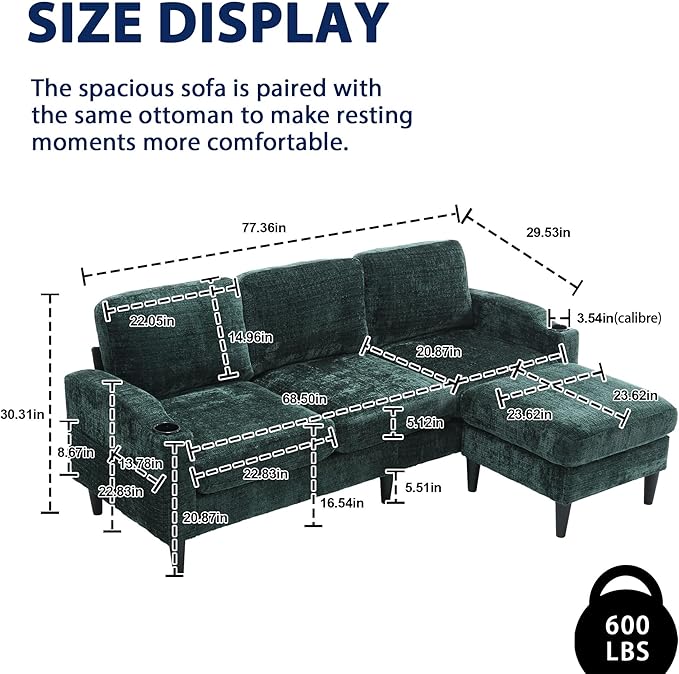 3 Seater Sectional Couch L Shaped Modular Couch with Solid Wood Frame Small Sofa with Storage Ottoman &amp Cup Holder &amp Side Pocket for Apartment Game Room Dormitory Room (Emerald)