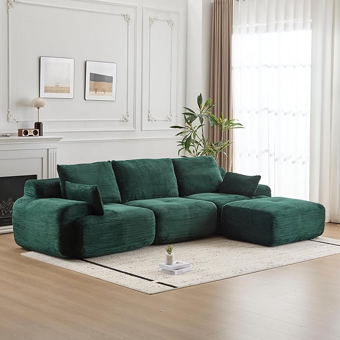 Modular Sectional Sofa Comfy Boneless Cloud Couch with Pillows Pet-Friendly Corduroy Fabric Sectional Couches for Living Room No Assembly Required (Green 3 Seat)