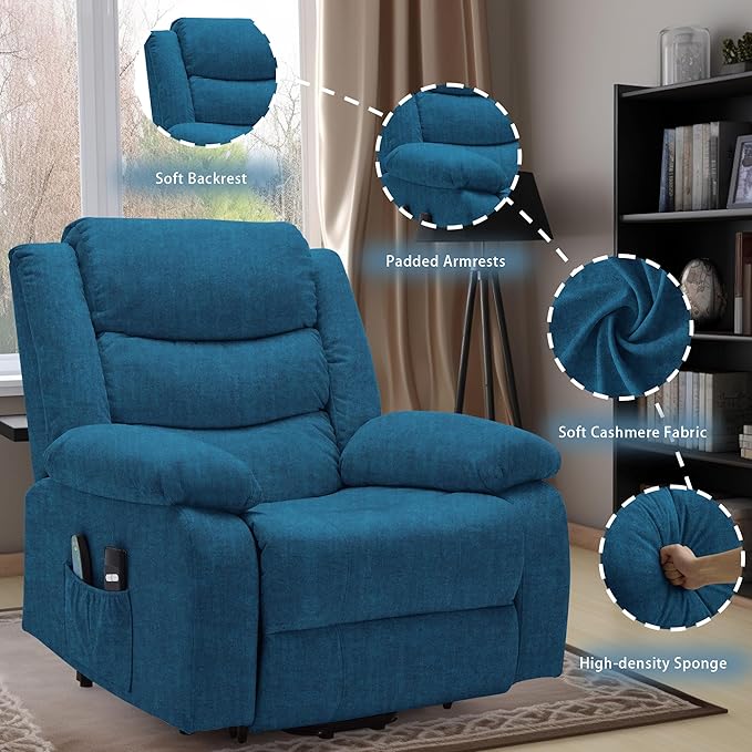 Oversized Power Lift Recliner for Elderly Extra Wide Electric Recliner Chairs with Massage and Heat Reclining Chair with Side Pockets Recliner for Living Room (Imitation Cashmere Blue)