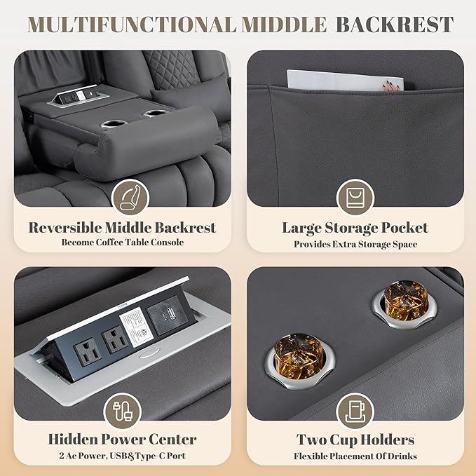 Zero Wall Hugger Power Reclining Sofa with Adjustable Headrest Electric Reclining Couch with Drop-Down TableOutlets Power Loveseat Recliner Sofa for Living Room (Gray 3 Seat)