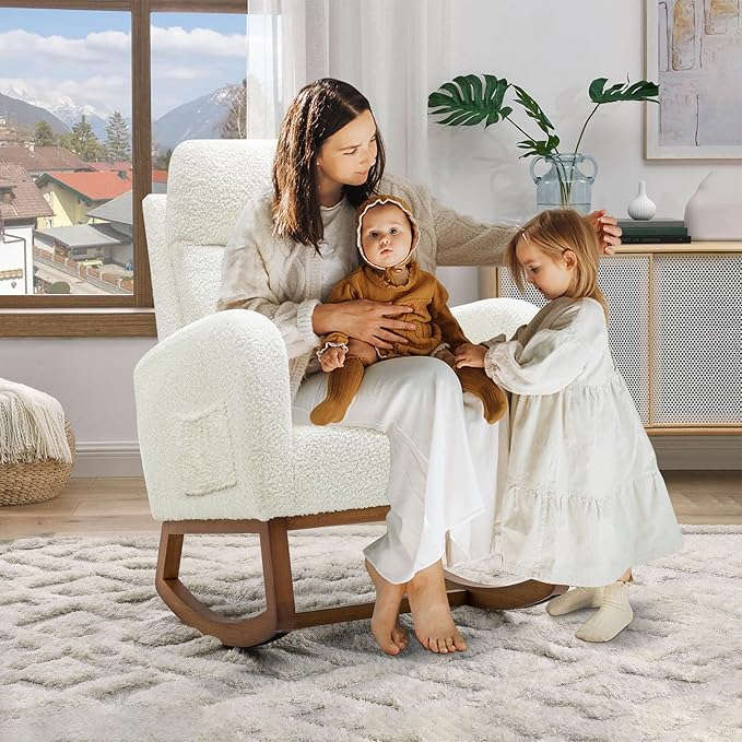 Nursery Rocking Glider Chair Modern Fabric Tall Back Accent Rocker Chair Upholstered Arm Chair w/Side Pockets Modern Leisure Single Sofa for Living Room Hotel Bedroom Office Cream
