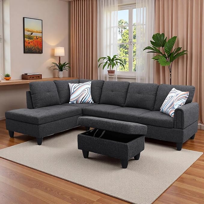 L-Shaped Sectional Sofa with Movable Chaise &amp Storage Ottoman Lounge 3-Piece Modular Convertible Couches for Living Room Apartment &amp Office Black Grey