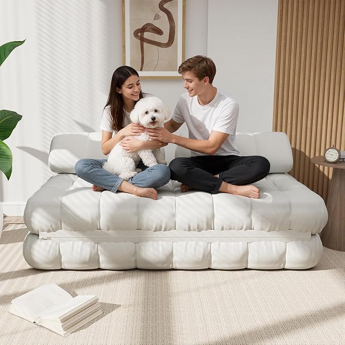 3-in-1 Convertible Sofa Bed 59.1 Folding Loveseat Sleeper Chair with Pillows Portable Fold Out Boneless Couch Lounge Comfy Velvet Floor Mattress for Living Room Bedroom - White Full