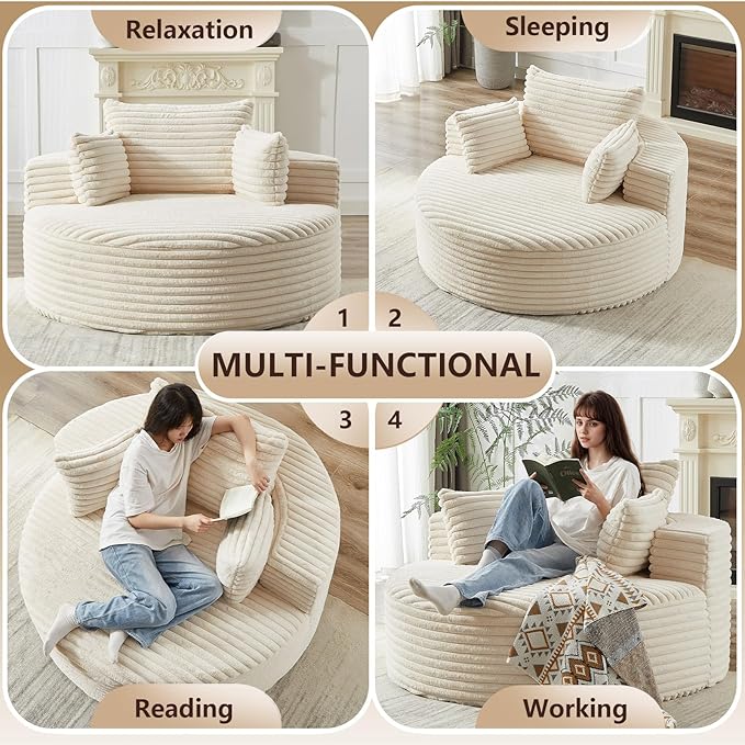 Oversized Round Chaise Lounge Chair Indoor 55'' Corduroy Deep Seat Circle Single Floor Sofa Chairs Modern Upholstered Sponge Armchair Cloud Sleeper Chair for Living Room Bedroom Apartment Beige