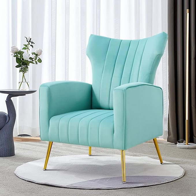 Wingback Reading Chair with Gold Metal Legs Velvet Accent Chair with Arms Comfy Upholstered Single Leisure Sofa for Living Room Bedroom Club(Velvet+Blue)