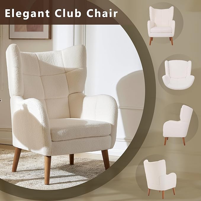 GDFStudio Upholstered Accent Chair Mid-CenturyModern Retro Club Chair with Birch Frame Teddy Wool FabricSingle Sofa Armchair for Living Room Bedroom Reading Corner Balcony OfficeIvory White 41 H