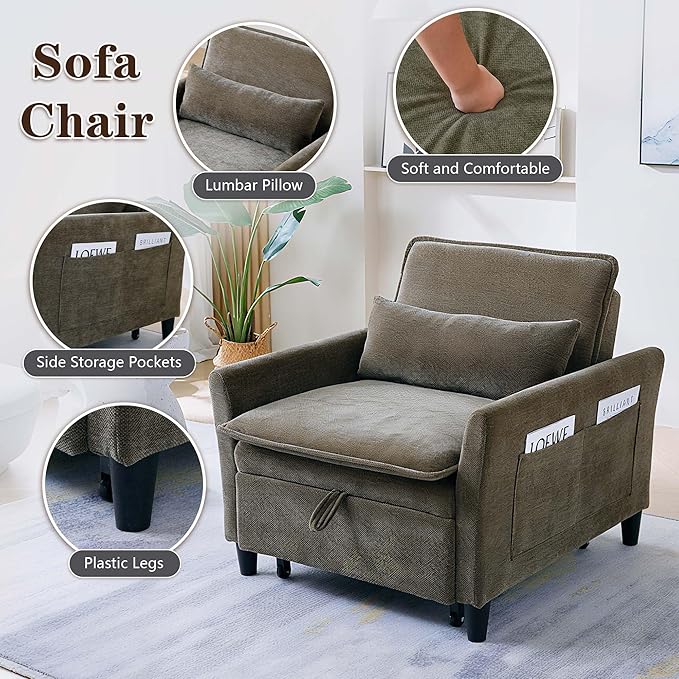 Sleeper Chair Pull Out BedChenille 3 in 1 Convertible Sleeper Couches Single Sofa Chair with Adjustable Backrest for Living Room Bedroom Small Spaces (Olive Green)