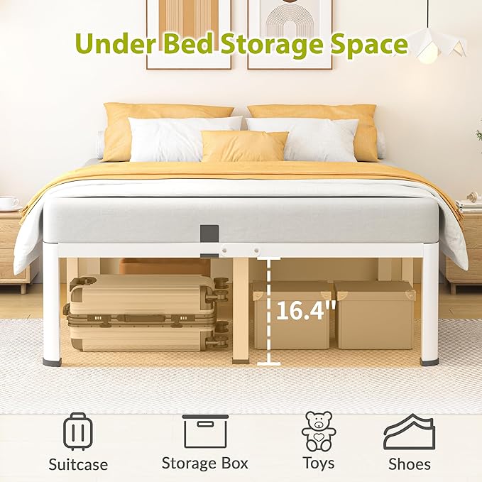 18 Inch King Size Metal Bed Frame with Round Corners Storage Space Under High Bed Frame-Heavy Duty Steel Slats Support Noise Free - Easy Assembly - No Box Spring NeededWhite