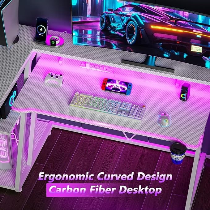 40 Inch Gaming Desk with Power Outlet &amp LED Lights L Shaped Computer Gaming Table with 3 Tiers Storage Shelves Corner Gamer Desk with Monitor Stand for Small Space Carbon Fiber White