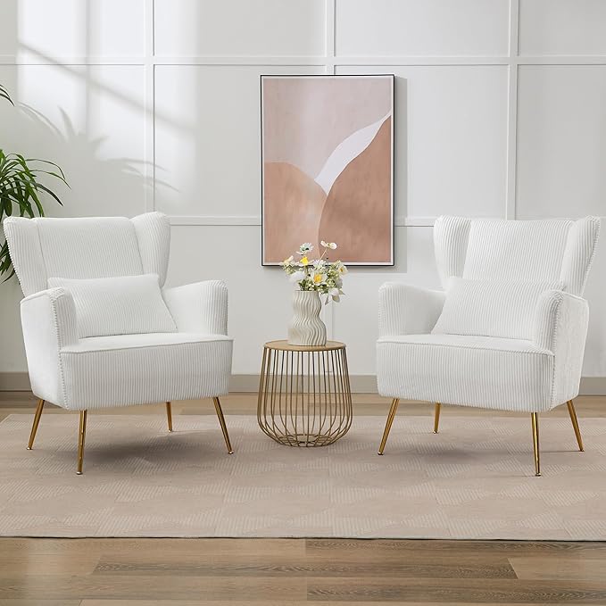 Living Room Chairs Corduroy Accent Armchair with Lumbar Pillow &amp Gold Leg 8.5 Thick Cushion Mid Century Modern High Wingback Bedroom Chairs Upholstered Comfy Sofa Arm Chair White