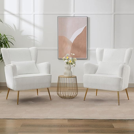 Living Room Chairs Corduroy Accent Armchair with Lumbar Pillow &amp Gold Leg 8.5 Thick Cushion Mid Century Modern High Wingback Bedroom Chairs Upholstered Comfy Sofa Arm Chair White