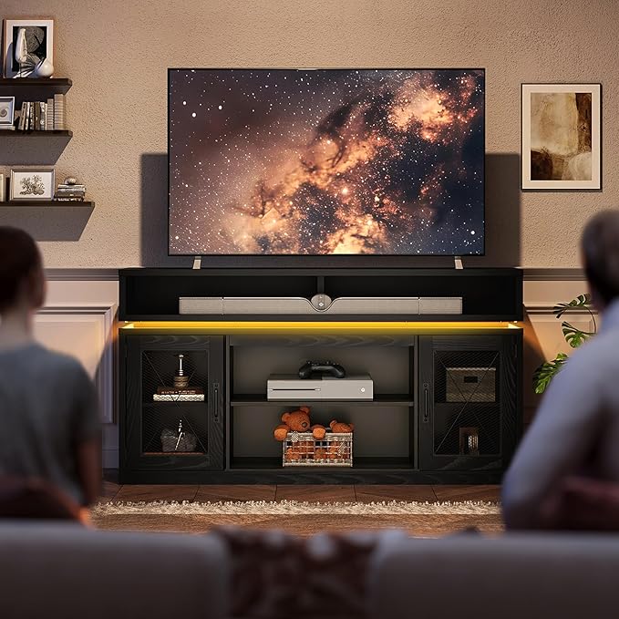 WLIVE Farmhouse TV Stand for TVs Up to 65 Inches Tall Entertainment Center with Storage Cabinets &amp LED Lights Media Console for Living Room Bedroom Home Theater Black