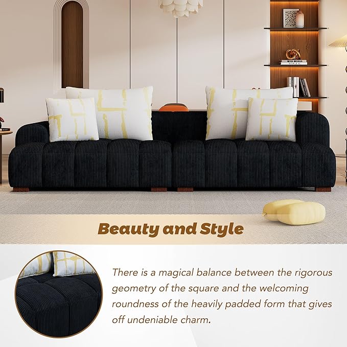 Modern Living Room Sofa Cozy Bedroom Couch 4 Pillows &amp Rubber Wood Legs Black