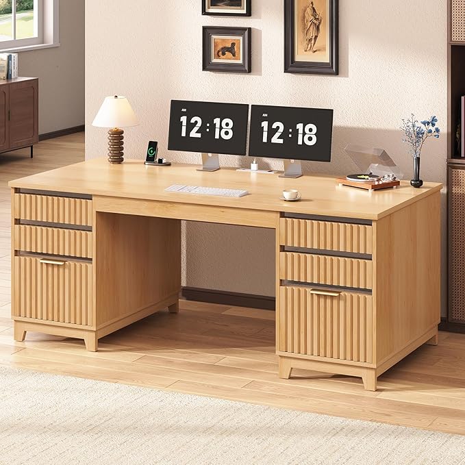 SEDETA 55.1 Fluted Office Desk with 6 Drawers Modern Executive Desk with Acrylic File Drawers Computer Desk with Power outlets for Home Office and Study Natrual