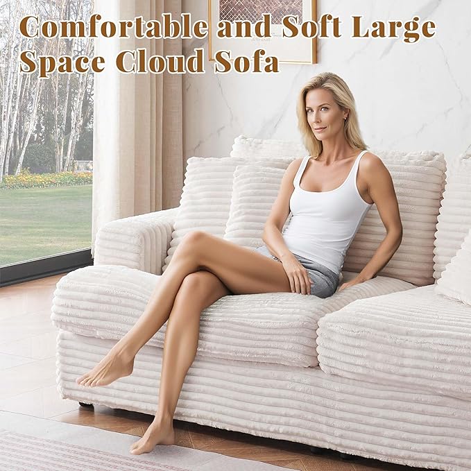 Modern Cloud Couch 3-Seater with 4 Matching Toss Pillows 88.58 Soft Corduroy Sofa with Deep Seat for Small Spaces Living Room Apartment (White)