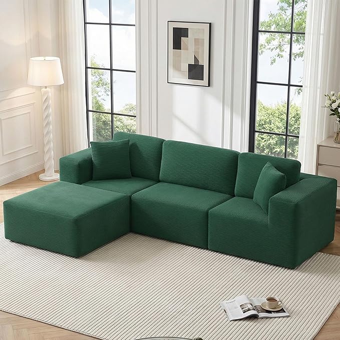 106 Cloud Sectional Couch with Ottoman L Shaped Boneless Couch with Deep Seat 3 Seater Corduroy Modular Sectional Sofa for Living Room No Assembly Required Green