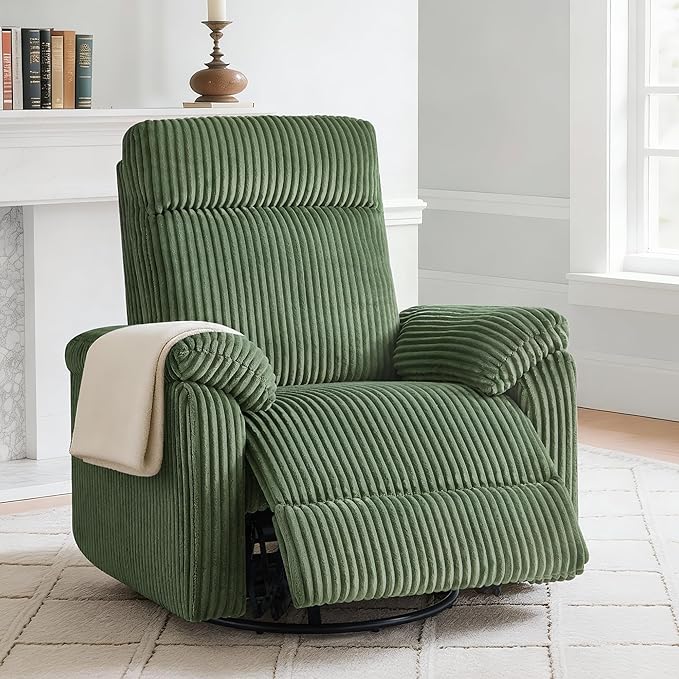 Swivel Rocker Recliner for Adults Corduroy 360 Degree Swivel Glider Recliner Manual 3-Position Adjustable Easy Assembly for Small Space Living Room Nursery Bedroom