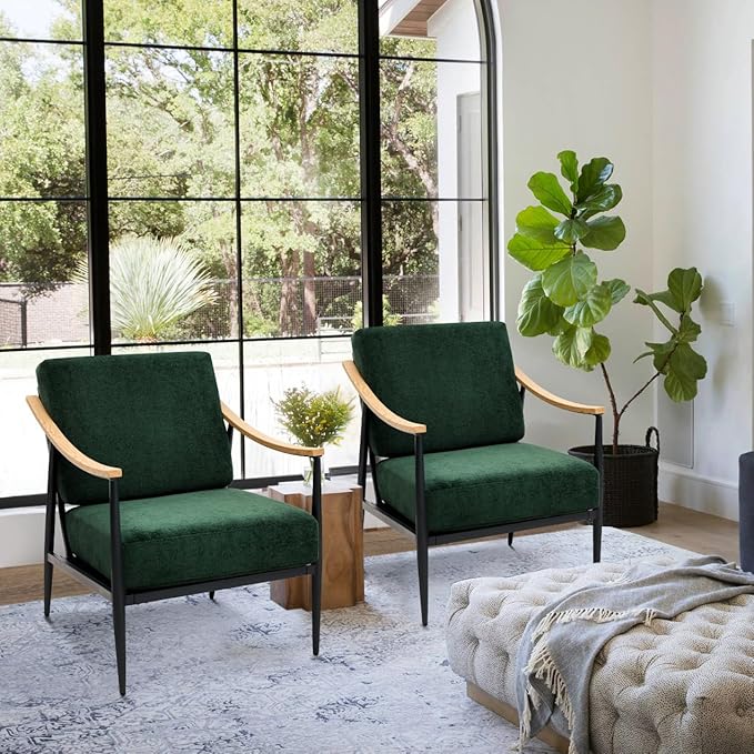 Modern Accent Chairs Set of 2 for Living Room Bedroom Mid Century Arm Chairs Upholstered Office Accent Chairs Comfy Waiting Room Chairs with Metal Frame Green