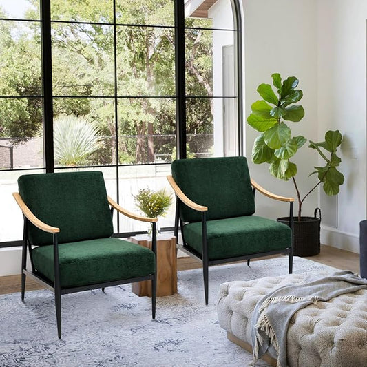 Modern Accent Chairs Set of 2 for Living Room Bedroom Mid Century Arm Chairs Upholstered Office Accent Chairs Comfy Waiting Room Chairs with Metal Frame Green