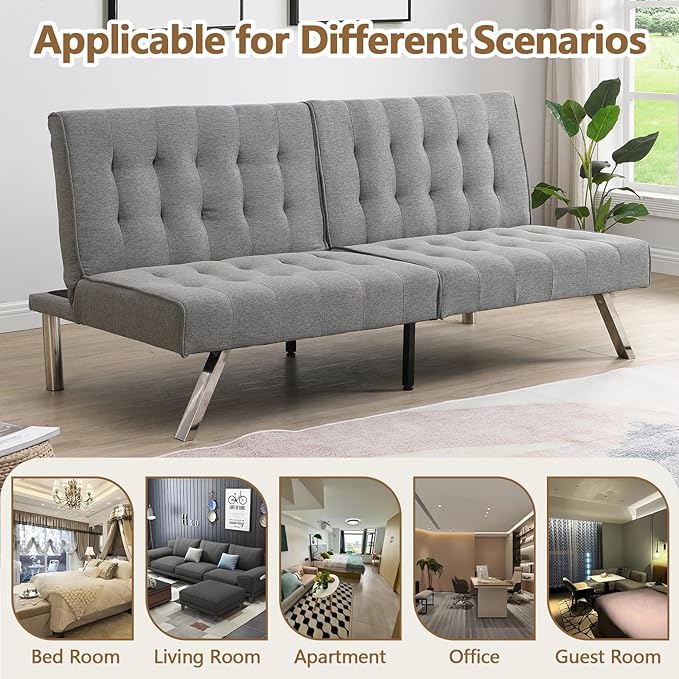 Modern Convertible Futon Sofa Bed Adjustable Loveseat Futon Couch with Metal Legs Upholstered Sofa Bed with Wood Frame Sleeper Couches for Small Compact RV Living RoomOffice (Grey-Fabric)