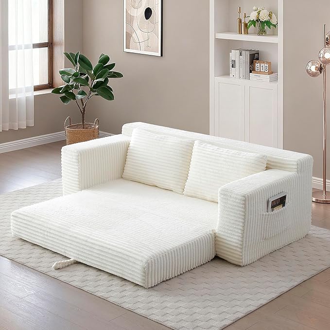 73 Cloud Loveseat Sofa Bed Beige - Boneless 2-Seater Couch No Assembly Convertible Folding 2-in-1 Design Small Space Corduroy Memory Foam Floor Lounge Couch for Bedroom Living Room (Beige)