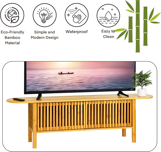 Bamboo TV Stand for TVs up to 65 Accent Entertainment Center with Storage Media Console Table with Fence Door Modern TV Stand for Living Room Bedroom 55(L) Burlywood