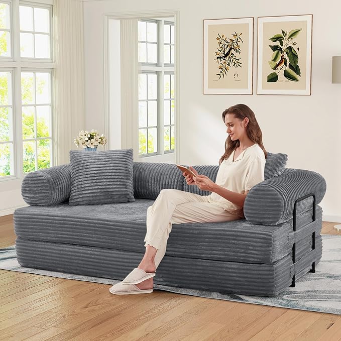 78.5W Convertible Folding Sofa Bed Corduroy Upholstered Queen Size Foam Floor Couch with Fixed-Shaped Frame Loveseat Sleeper Compression Sofa Foldable Mattress for Living Room Bedroom(Light Grey)