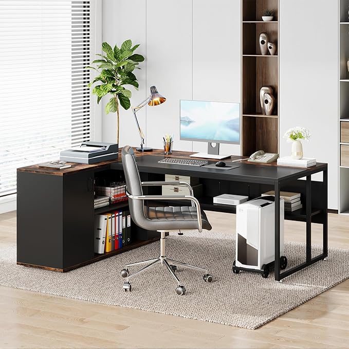Tribesigns 71 L-Shaped Executive Desk Large Office Desk with Lateral Cabinet and Open Shelves Industrial Computer Table for Home Office Walnut &amp Black
