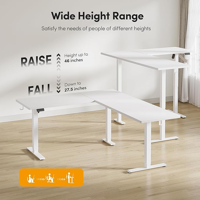 CubiCubi L Shaped Standing Desk 75 x 63 Inch Adjustable Height Electric Corner Desk Sit Stand Home Office Desk with Splice Board White(2 Packages)