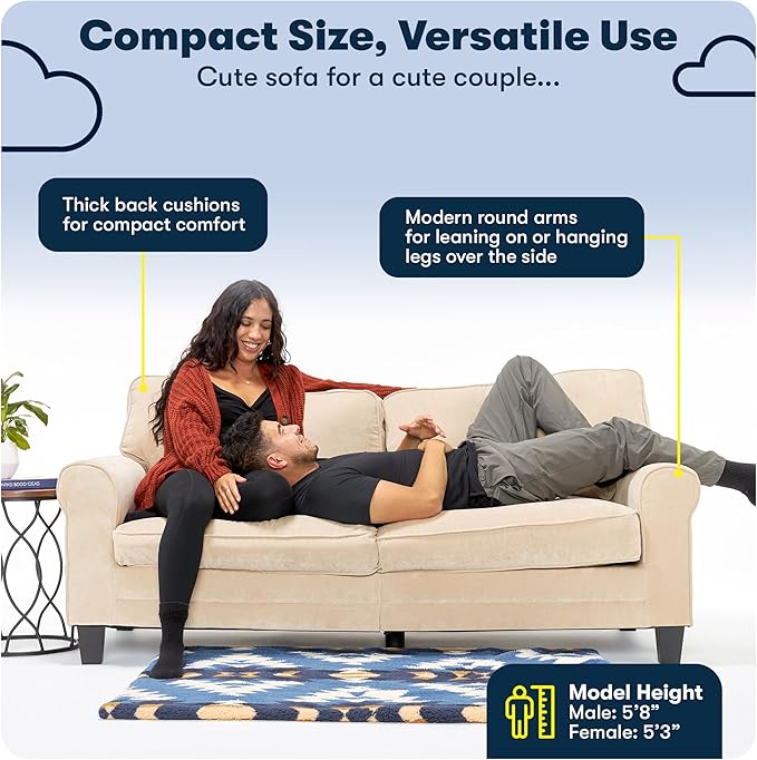 Serta Copenhagen 73 Rolled Arm Sofa Easy Care Polyester Soft Pillow Back Pocket Coil Seat Cushions Removable Covers Loveseat or Couch for Small Spaces Living Rooms or Bedrooms Buttercream