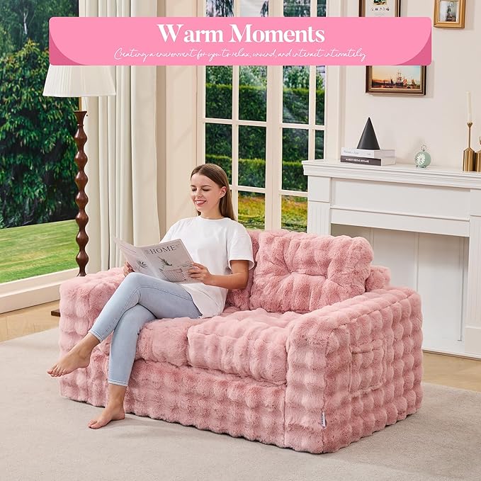 Hobestluk Sofa Couch Loveseat Sofa with Bubble Fabric 2-Seater Sofa for Small Spaces Comfortable Foam Floor Sofa 2 in 1 Boneless Couch for Living Room Bedroom Apartment or Office (Pink Loveseat)