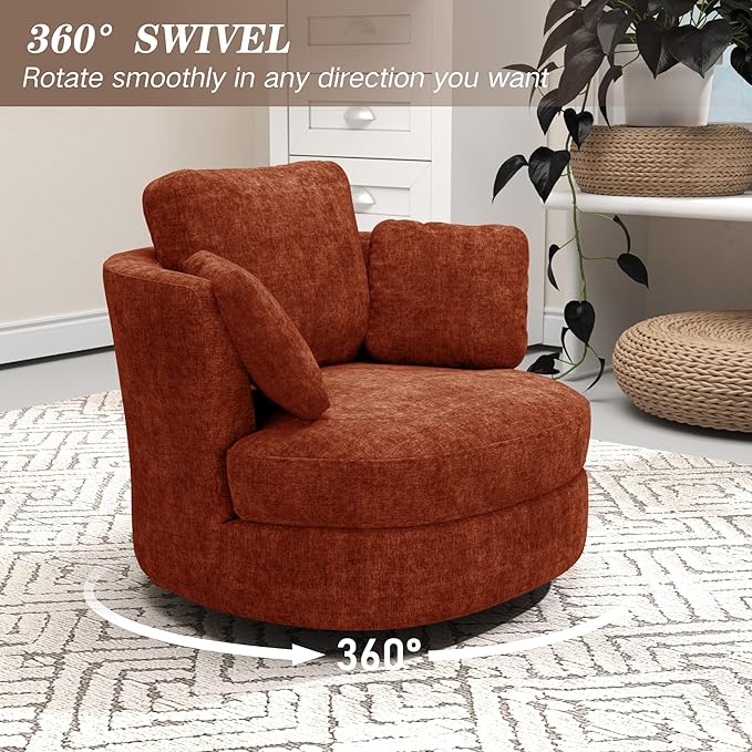 Mlmh &amp Kngwa Oversized Swivel Chair with Ottoman 40.4 inch Round Swivel Accent Chair and A Half Moon Ottoman with 3 Pillows Chenille Cozy Reading Chairs for Bedroom Living Room Terracotta