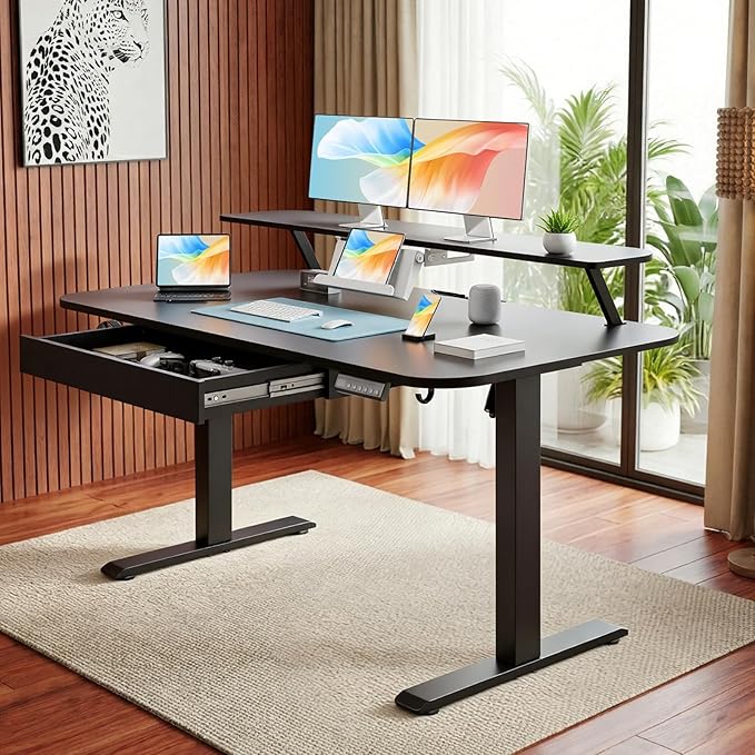 GTPLAYER Electric Standing Desk with Drawers 55 x 24 Inches Height Adjustable Computer Desk with Monitor Stand Laptop Stand Home Office Sit Stand Up Desk with Memory Preset Black