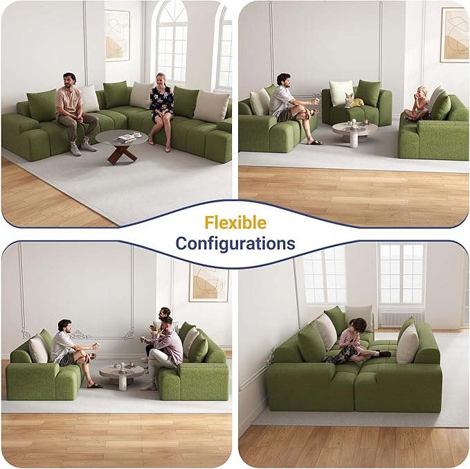 109'' L Shaped Modular Sectional Sofa Chenille Couch for Living Room Bedroom with 6 Cushions Convertible Olive Green